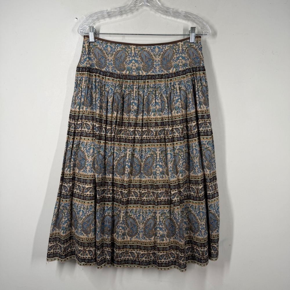 Jones New York Signature Petite Paisley Cotton Midi Boho Skirt Blue Brown Sz S